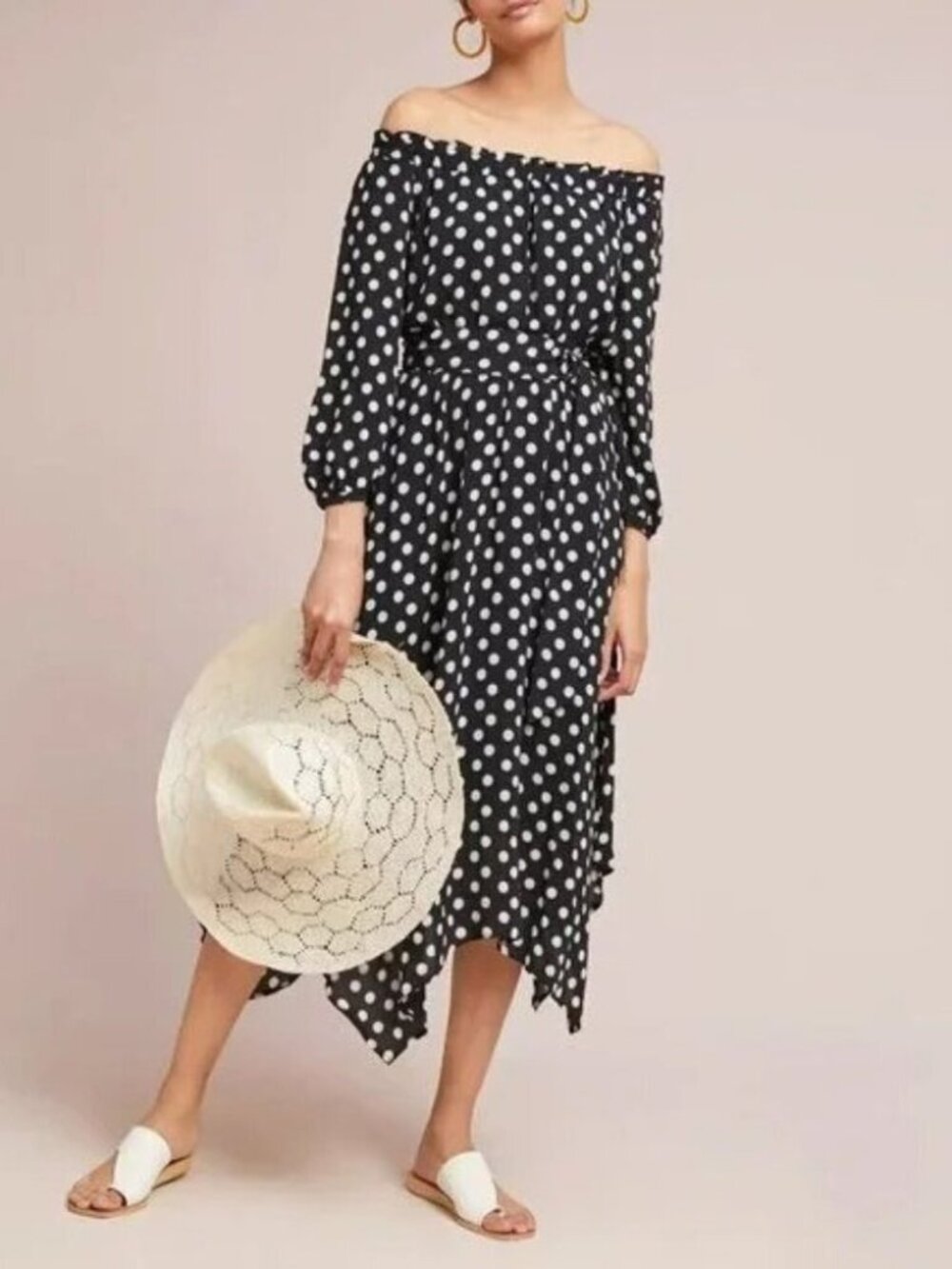 New Anthro Gerti Polka Dot Hanky Hem Off-Shoulder Dress 4, S $158